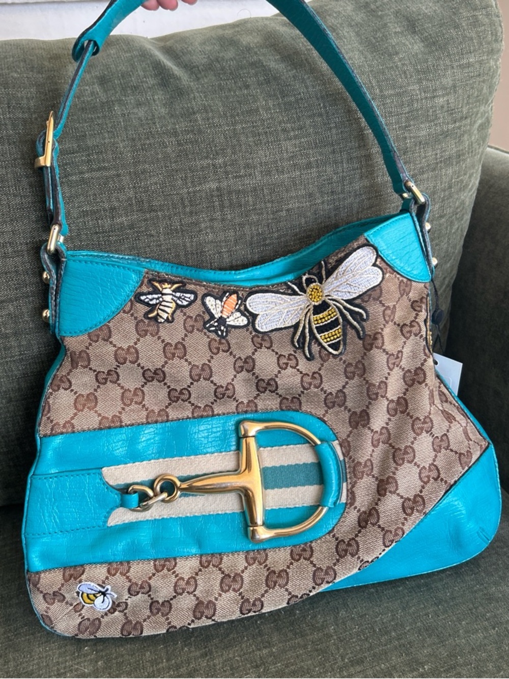 Gucci Brown Monogram Canvas Shoulder Bag with Turquoise Leather & Bee Appliqués